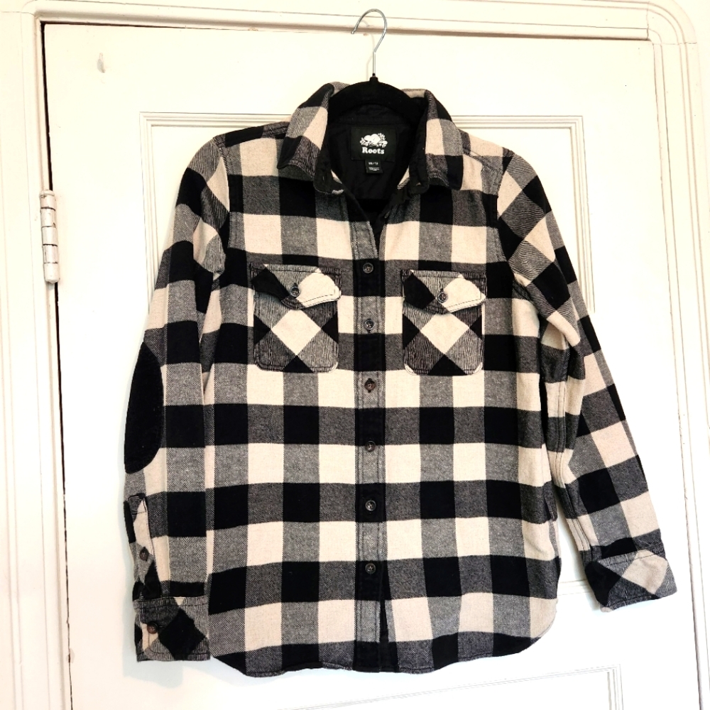 Roots 100% Cotton Black And White Plaid Flannel Button Up Shirt XS